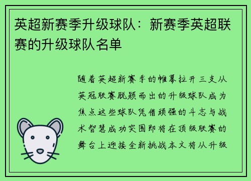 英超新赛季升级球队：新赛季英超联赛的升级球队名单
