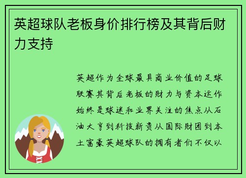 英超球队老板身价排行榜及其背后财力支持