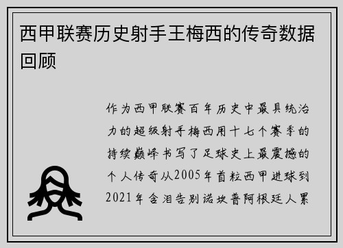 西甲联赛历史射手王梅西的传奇数据回顾