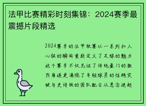 法甲比赛精彩时刻集锦：2024赛季最震撼片段精选