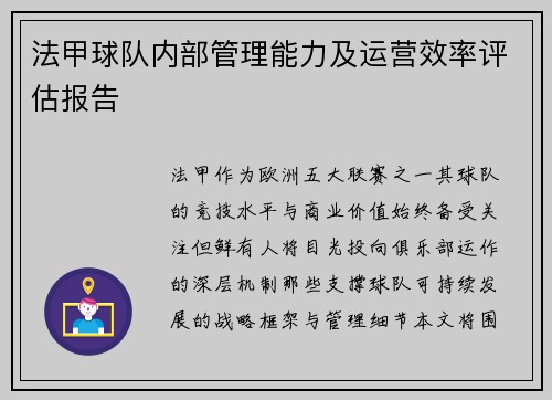 法甲球队内部管理能力及运营效率评估报告